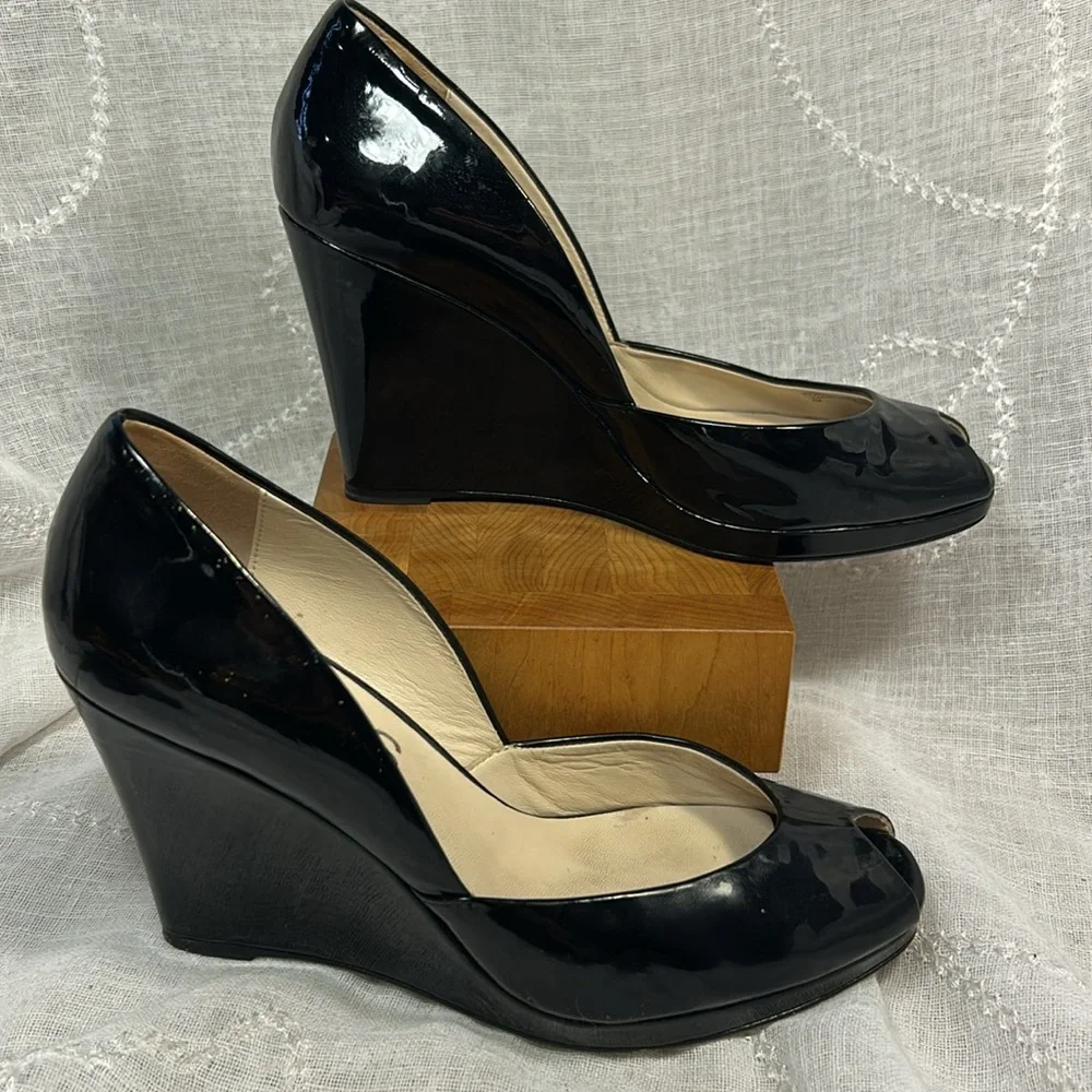 Michael Kors patent leather elegant peep toe wedges